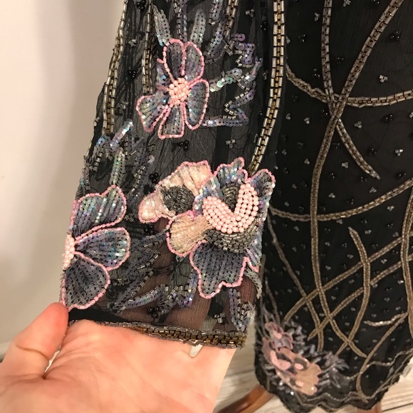 Vintage Black Silk Beaded Sequin Flower Dress S - Picture 4 of 6
